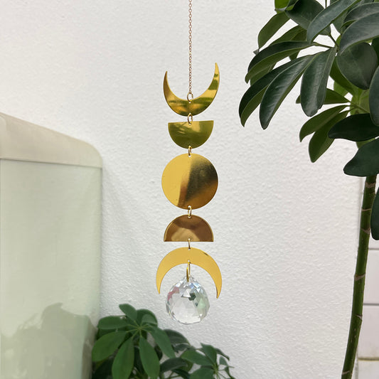 Bohemian Style Sun and Crescent Moon Crystal Sun Catcher Pendant Light with Wind Chimes - Handcrafted Boho Home Decor