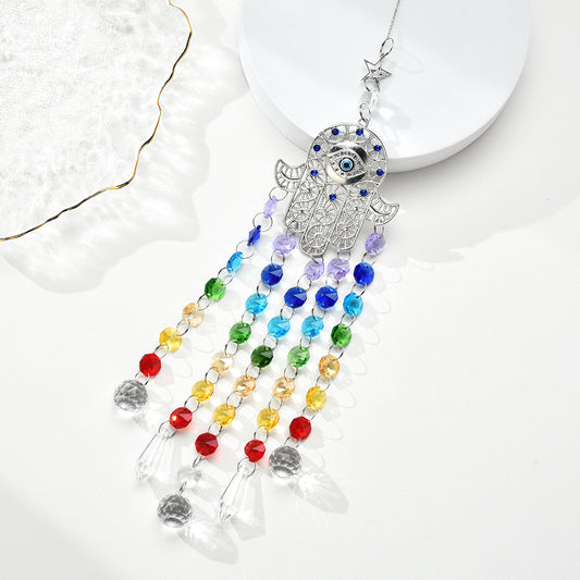 007 Hamsa Hand Hanging Suncatcher Ornament with Chakra Beads and Clear Prisms Rainbow Maker
