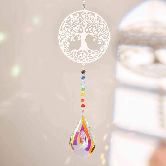 010 Tree of life Rainbow Crystal Suncatcher with Chakra Beads Pendant Window Hanging Ornament for Home Garden Decoration