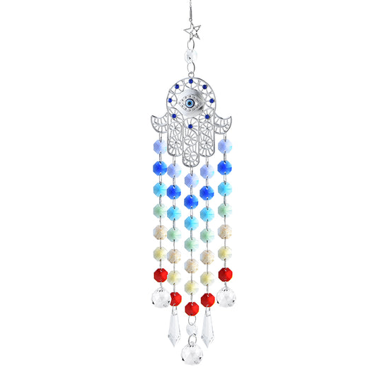 007 Hamsa Hand Hanging Suncatcher Ornament with Chakra Beads and Clear Prisms Rainbow Maker