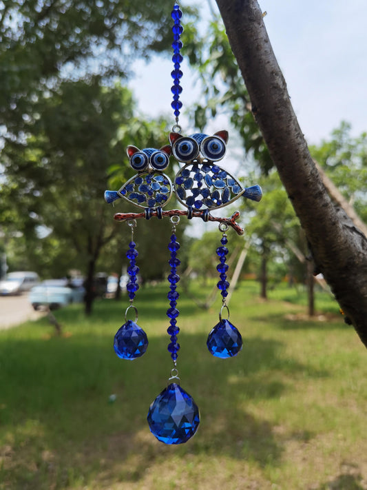 077 Mama Owl and Baby Owl suncatcher with  blue balls